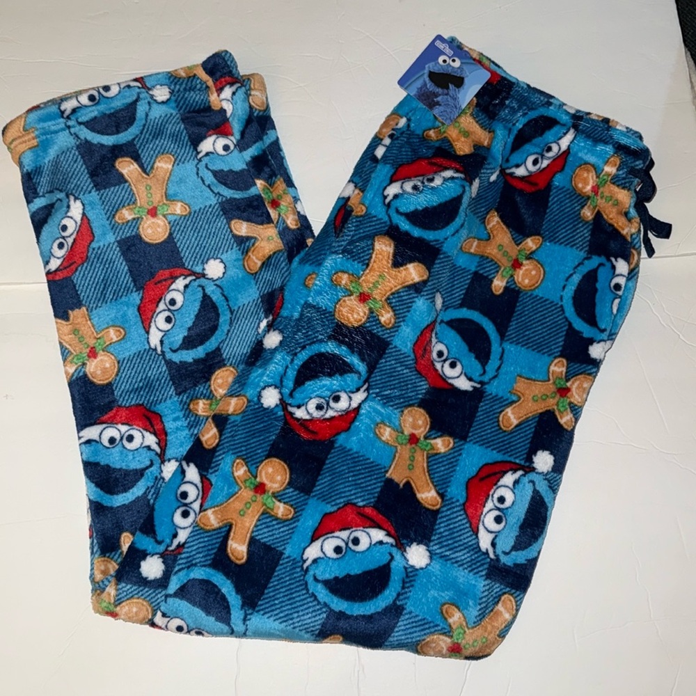 Sesame Street Men's Christmas Fleece Sleep Pajama Pant Cookie Monster Blue Sz XL